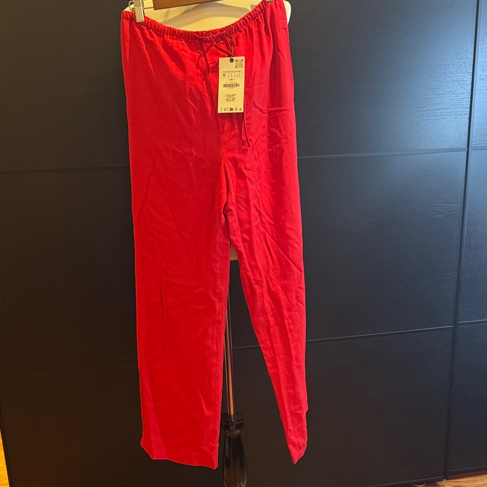 Zara Bold Red Elastic Waist Pants size M new